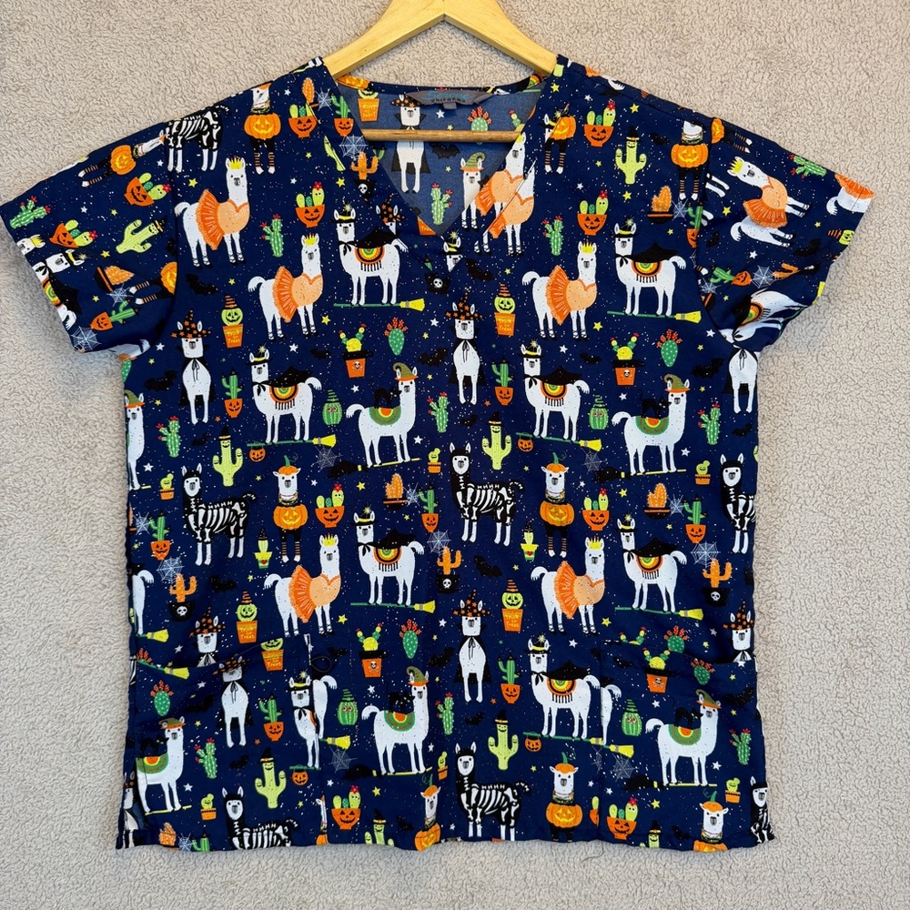 Serene Uniforms Scrub Top Halloween Llama Navy L